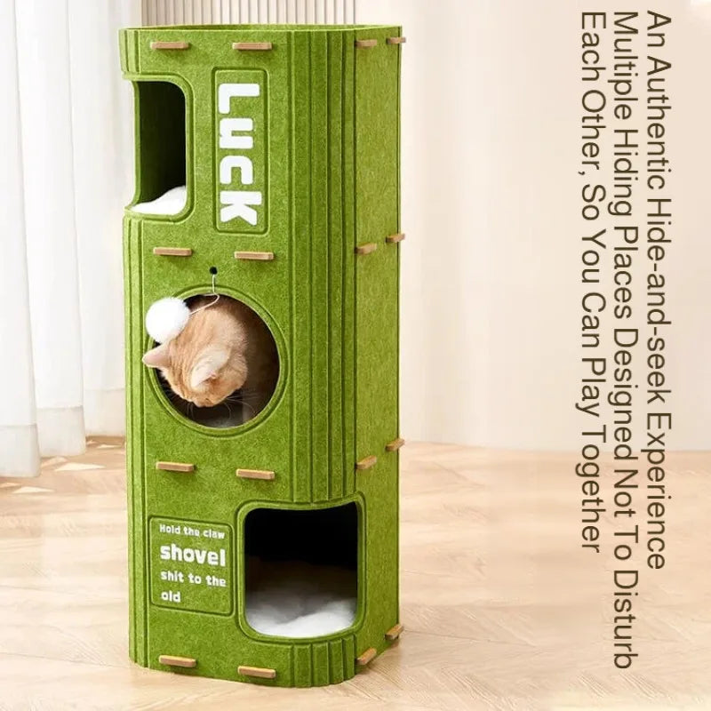 Multi-Level Enclosed Cat House - Winter Cozy Kitty Condo with Scratching Board & Tree Cave, Warm Pet Bed for Indoor Cats