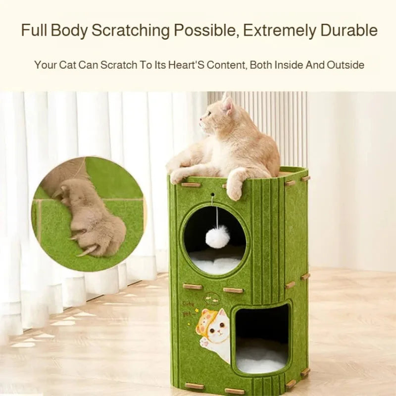 Multi-Level Enclosed Cat House - Winter Cozy Kitty Condo with Scratching Board & Tree Cave, Warm Pet Bed for Indoor Cats