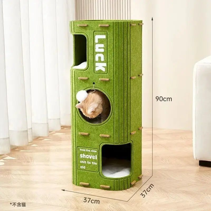 Multi-Level Enclosed Cat House - Winter Cozy Kitty Condo with Scratching Board & Tree Cave, Warm Pet Bed for Indoor Cats