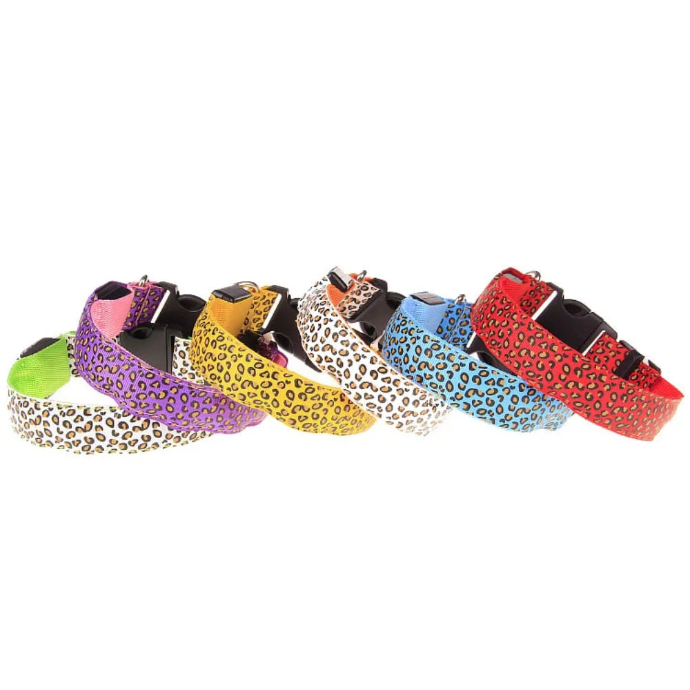 LED Dog Luminous Collar with Night Time Anti Slip Warning Leopard Print Four Flashing Modes Collar for Dog Necklace