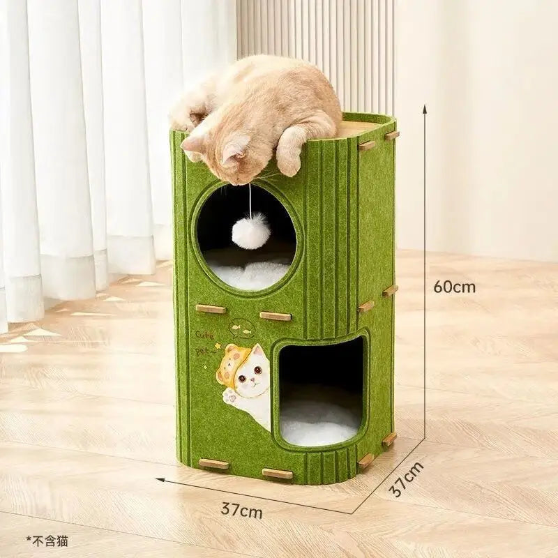 Multi-Level Enclosed Cat House - Winter Cozy Kitty Condo with Scratching Board & Tree Cave, Warm Pet Bed for Indoor Cats