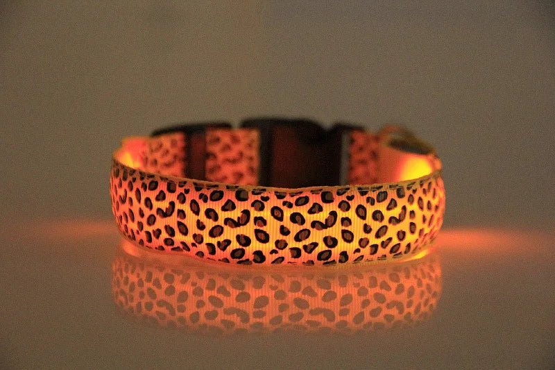 LED Dog Luminous Collar with Night Time Anti Slip Warning Leopard Print Four Flashing Modes Collar for Dog Necklace