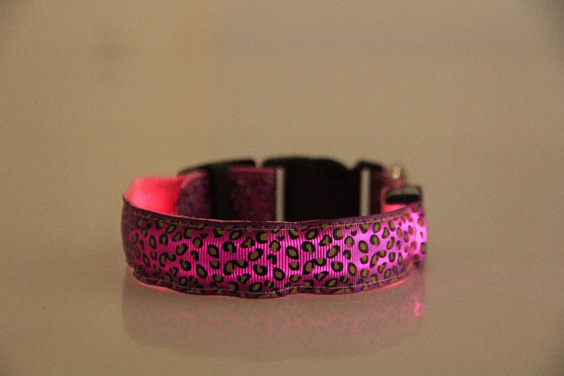 LED Dog Luminous Collar with Night Time Anti Slip Warning Leopard Print Four Flashing Modes Collar for Dog Necklace