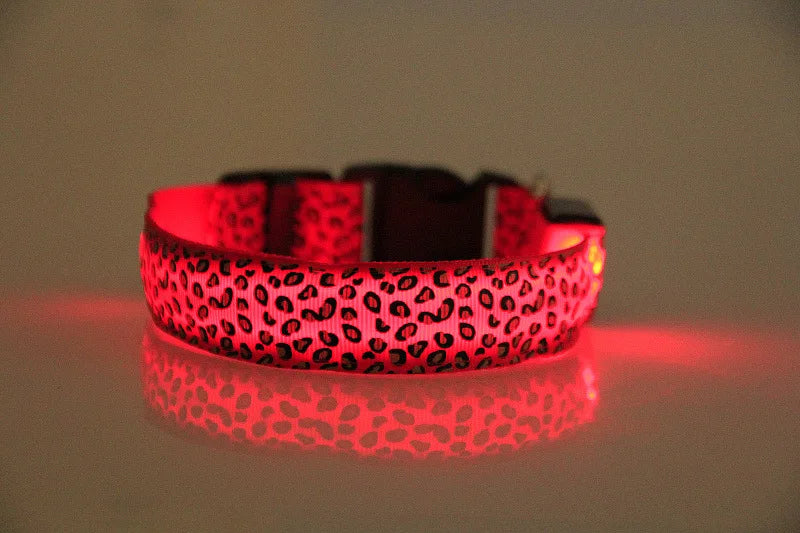 LED Dog Luminous Collar with Night Time Anti Slip Warning Leopard Print Four Flashing Modes Collar for Dog Necklace