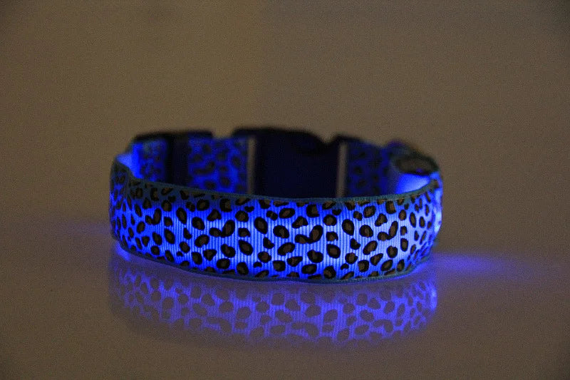LED Dog Luminous Collar with Night Time Anti Slip Warning Leopard Print Four Flashing Modes Collar for Dog Necklace
