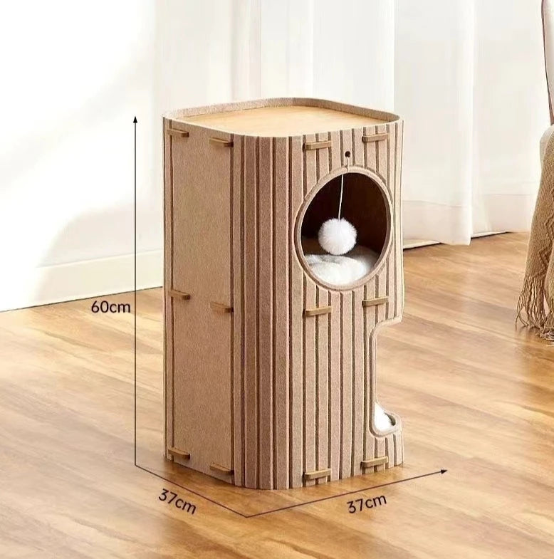 Multi-Level Enclosed Cat House - Winter Cozy Kitty Condo with Scratching Board & Tree Cave, Warm Pet Bed for Indoor Cats