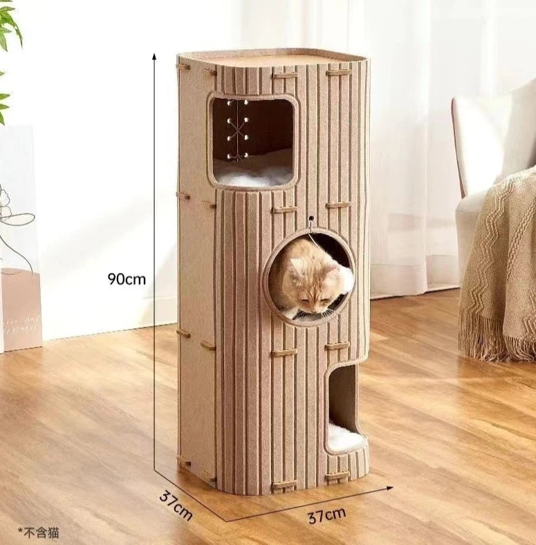 Multi-Level Enclosed Cat House - Winter Cozy Kitty Condo with Scratching Board & Tree Cave, Warm Pet Bed for Indoor Cats