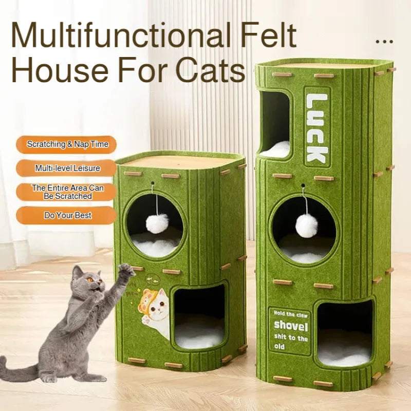 Multi-Level Enclosed Cat House - Winter Cozy Kitty Condo with Scratching Board & Tree Cave, Warm Pet Bed for Indoor Cats