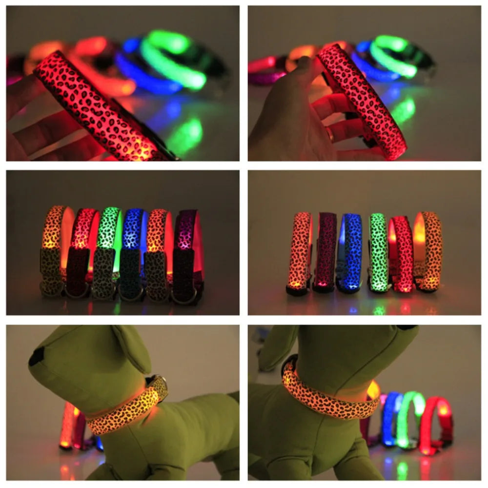 LED Dog Luminous Collar with Night Time Anti Slip Warning Leopard Print Four Flashing Modes Collar for Dog Necklace