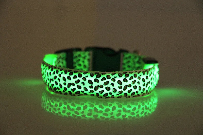LED Dog Luminous Collar with Night Time Anti Slip Warning Leopard Print Four Flashing Modes Collar for Dog Necklace
