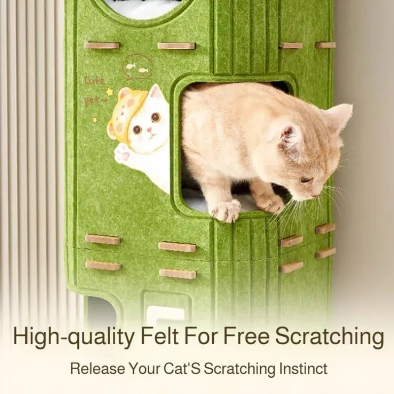 Multi-Level Enclosed Cat House - Winter Cozy Kitty Condo with Scratching Board & Tree Cave, Warm Pet Bed for Indoor Cats
