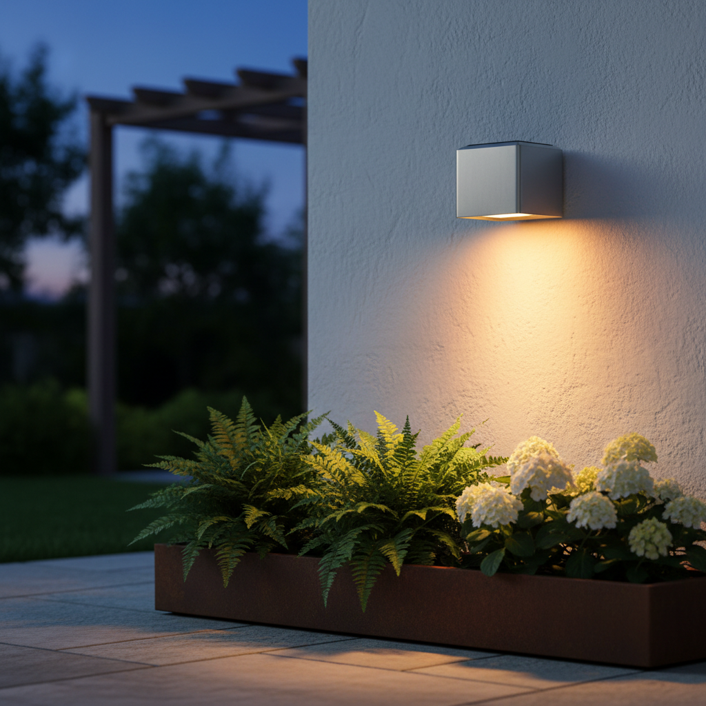 Modern solar outdoor wall lamp glowing warm light on a patio